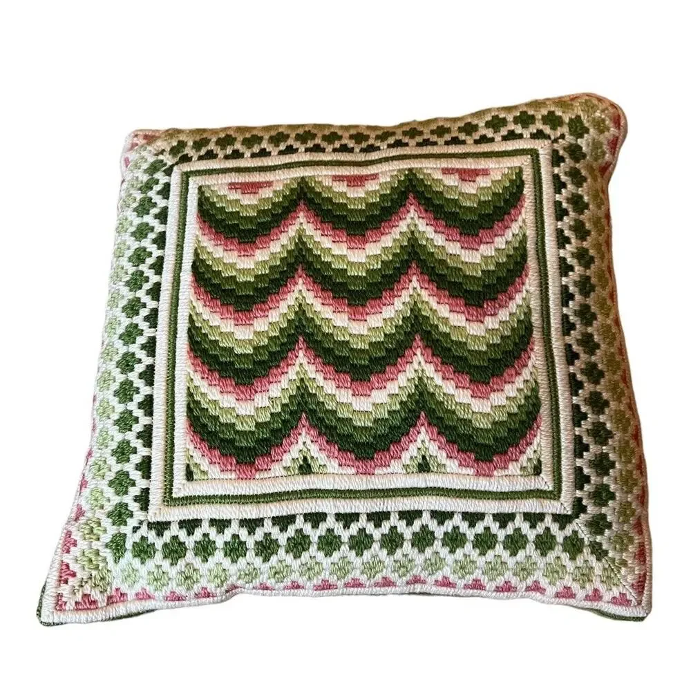 Vintage Crewel Green Pink Pair Of Pillows Matching 11x11” Velvet Backed Firm